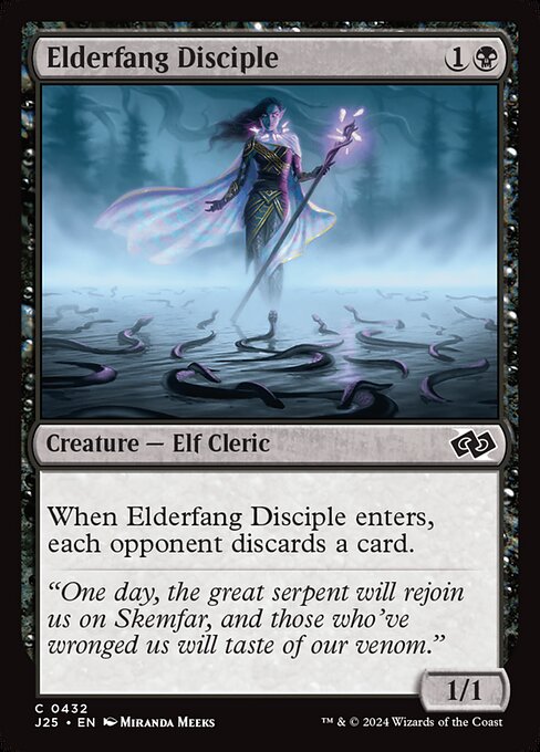 When Elderfang Disciple enters, each opponent discards a card.