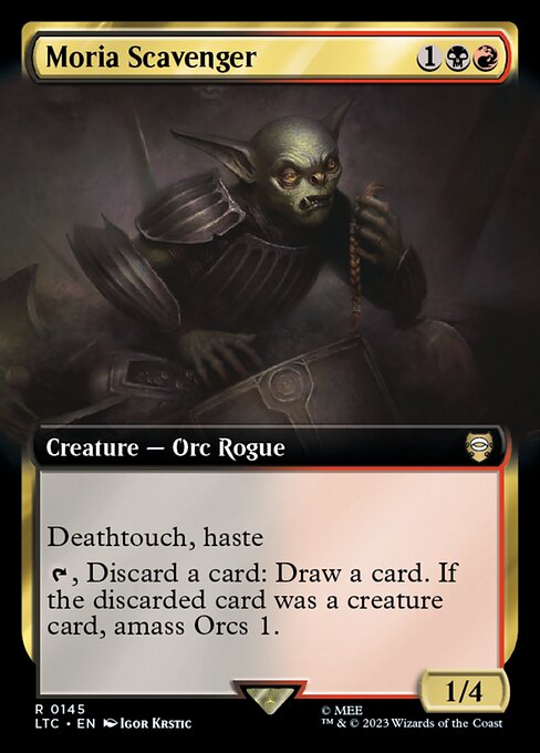 Deathtouch, haste
{T}, Discard a card: Draw a card. If the discarded card was a creature card, amass Orcs 1. (Put a +1/+1 counter on an Army you control. It's also an Orc. If you don't control an Army, create a 0/0 black Orc Army creature token first.)