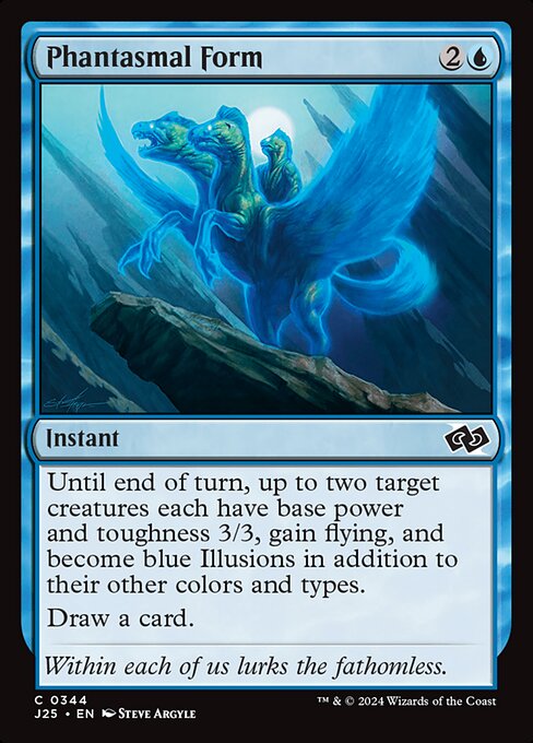 Until end of turn, up to two target creatures each have base power and toughness 3/3, gain flying, and become blue Illusions in addition to their other colors and types.
Draw a card.