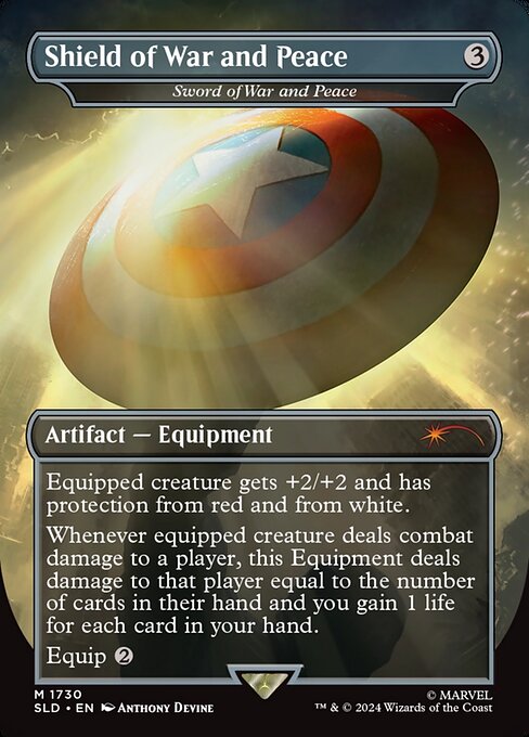Equipped creature gets +2/+2 and has protection from red and from white.
Whenever equipped creature deals combat damage to a player, this Equipment deals damage to that player equal to the number of cards in their hand and you gain 1 life for each card in your hand.
Equip {2}