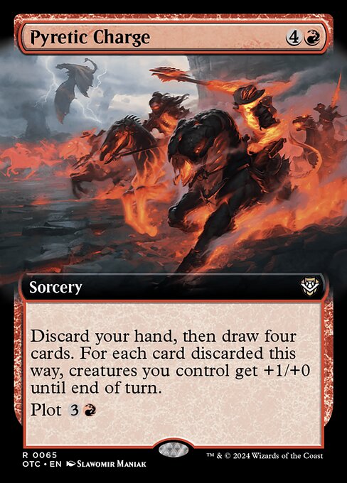 Discard your hand, then draw four cards. For each card discarded this way, creatures you control get +1/+0 until end of turn.
Plot {3}{R} (You may pay {3}{R} and exile this card from your hand. Cast it as a sorcery on a later turn without paying its mana cost. Plot only as a sorcery.)