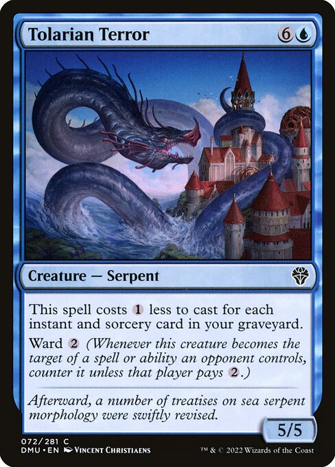 This spell costs {1} less to cast for each instant and sorcery card in your graveyard.
Ward {2} (Whenever this creature becomes the target of a spell or ability an opponent controls, counter it unless that player pays {2}.)