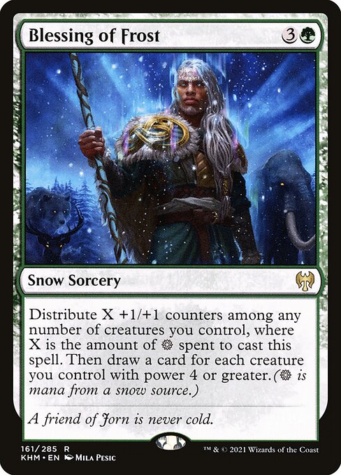 Distribute X +1/+1 counters among any number of creatures you control, where X is the amount of {S} spent to cast this spell. Then draw a card for each creature you control with power 4 or greater.