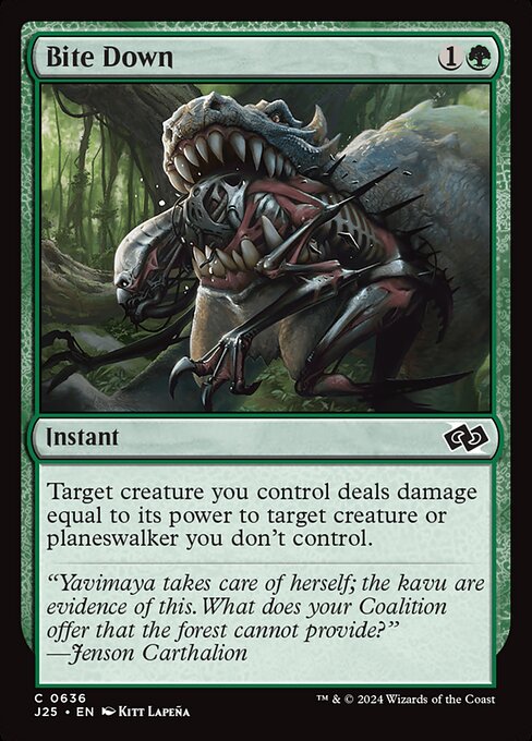 Target creature you control deals damage equal to its power to target creature or planeswalker you don't control.