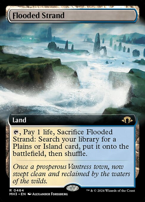 {T}, Pay 1 life, Sacrifice Flooded Strand: Search your library for a Plains or Island card, put it onto the battlefield, then shuffle.
