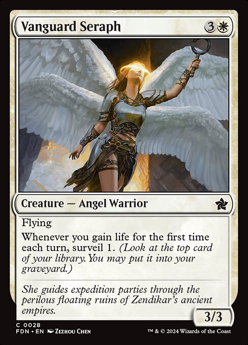 Flying
Whenever you gain life for the first time each turn, surveil 1. (Look at the top card of your library. You may put it into your graveyard.)