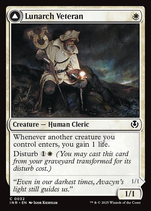 Whenever another creature you control enters, you gain 1 life.
Disturb {1}{W} (You may cast this card from your graveyard transformed for its disturb cost.)   Flying
Whenever another creature you control leaves the battlefield, you gain 1 life.
If Luminous Phantom would be put into a graveyard from anywhere, exile it instead.