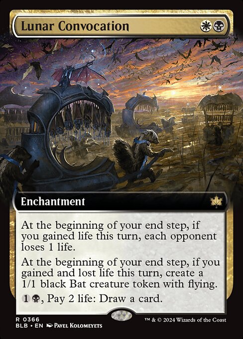 At the beginning of your end step, if you gained life this turn, each opponent loses 1 life.
At the beginning of your end step, if you gained and lost life this turn, create a 1/1 black Bat creature token with flying.
{1}{B}, Pay 2 life: Draw a card.