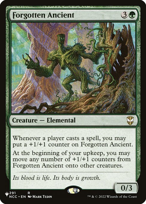 Whenever a player casts a spell, you may put a +1/+1 counter on Forgotten Ancient.
At the beginning of your upkeep, you may move any number of +1/+1 counters from Forgotten Ancient onto other creatures.
