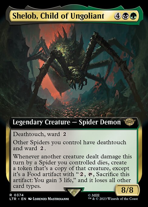 Deathtouch, ward {2}
Other Spiders you control have deathtouch and ward {2}.
Whenever another creature dealt damage this turn by a Spider you controlled dies, create a token that's a copy of that creature, except it's a Food artifact with "{2}, {T}, Sacrifice this artifact: You gain 3 life," and it loses all other card types.