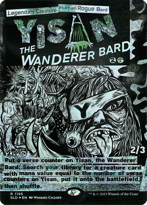 {2}{G}, {T}, Put a verse counter on Yisan, the Wanderer Bard: Search your library for a creature card with mana value equal to the number of verse counters on Yisan, put it onto the battlefield, then shuffle.