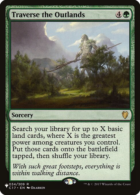 Search your library for up to X basic land cards, where X is the greatest power among creatures you control. Put those cards onto the battlefield tapped, then shuffle.