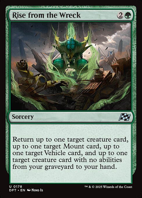 Return up to one target creature card, up to one target Mount card, up to one target Vehicle card, and up to one target creature card with no abilities from your graveyard to your hand.
