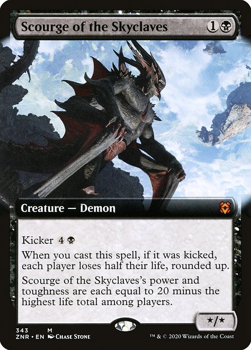 Kicker {4}{B}
When you cast this spell, if it was kicked, each player loses half their life, rounded up.
Scourge of the Skyclaves's power and toughness are each equal to 20 minus the highest life total among players.