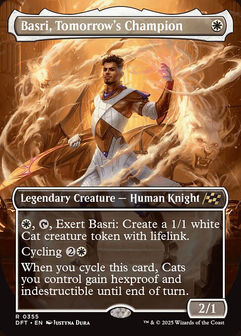 {W}, {T}, Exert Basri: Create a 1/1 white Cat creature token with lifelink. (An exerted creature won't untap during your next untap step.)
Cycling {2}{W} ({2}{W}, Discard this card: Draw a card.)
When you cycle this card, Cats you control gain hexproof and indestructible until end of turn.