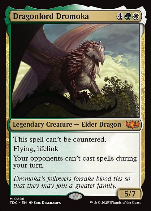 This spell can't be countered.
Flying, lifelink
Your opponents can't cast spells during your turn.