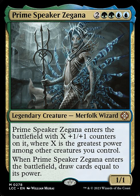 Prime Speaker Zegana enters with X +1/+1 counters on it, where X is the greatest power among other creatures you control.
When Prime Speaker Zegana enters, draw cards equal to its power.