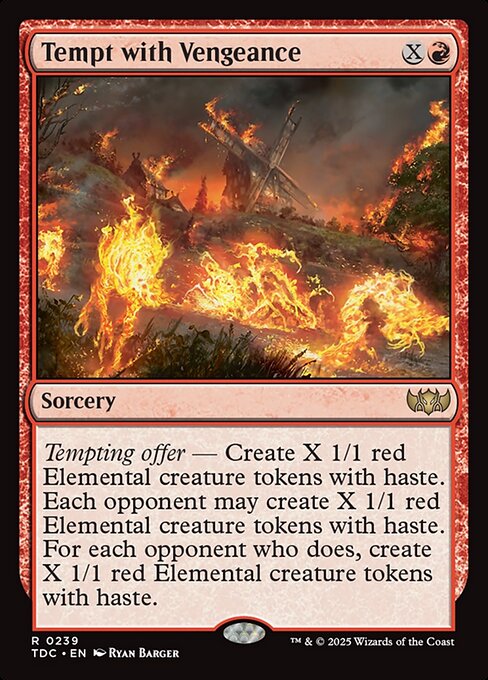 Tempting offer — Create X 1/1 red Elemental creature tokens with haste. Each opponent may create X 1/1 red Elemental creature tokens with haste. For each opponent who does, create X 1/1 red Elemental creature tokens with haste.