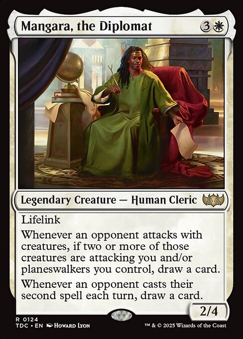 Lifelink
Whenever an opponent attacks with creatures, if two or more of those creatures are attacking you and/or planeswalkers you control, draw a card.
Whenever an opponent casts their second spell each turn, draw a card.