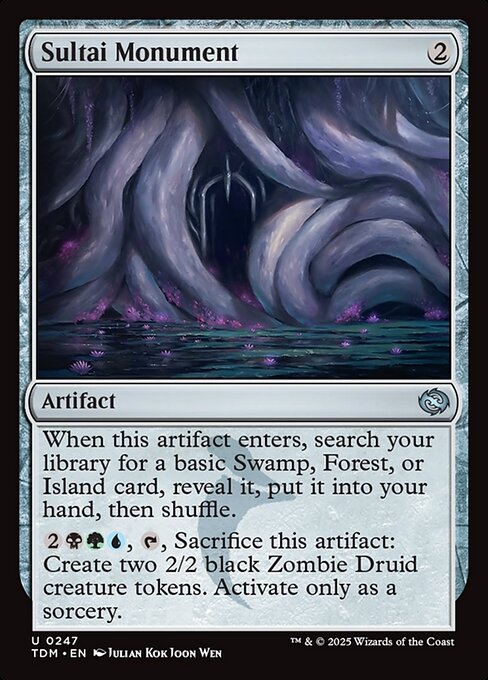 When this artifact enters, search your library for a basic Swamp, Forest, or Island card, reveal it, put it into your hand, then shuffle.
{2}{B}{G}{U}, {T}, Sacrifice this artifact: Create two 2/2 black Zombie Druid creature tokens. Activate only as a sorcery.