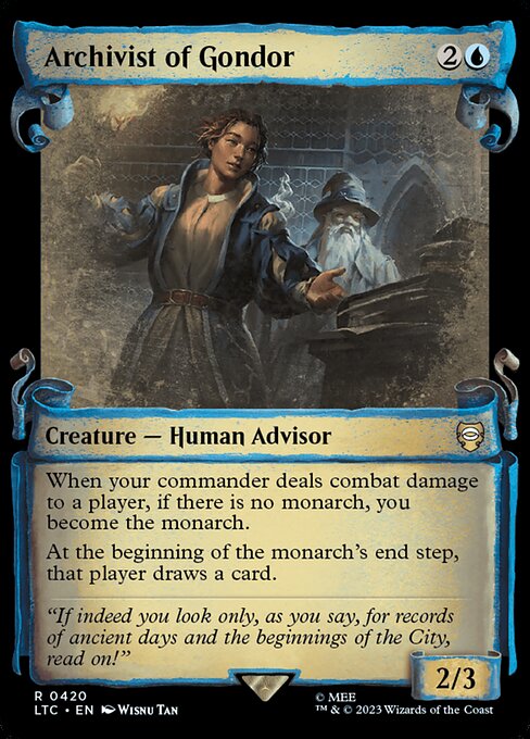 When your commander deals combat damage to a player, if there is no monarch, you become the monarch.
At the beginning of the monarch's end step, that player draws a card.