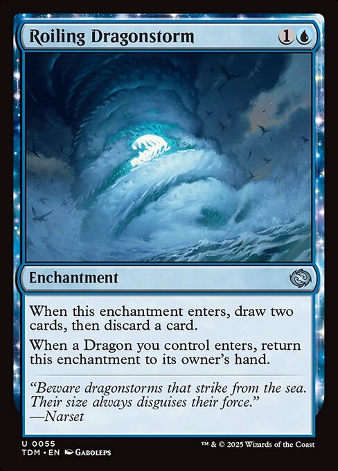 When this enchantment enters, draw two cards, then discard a card.
When a Dragon you control enters, return this enchantment to its owner's hand.