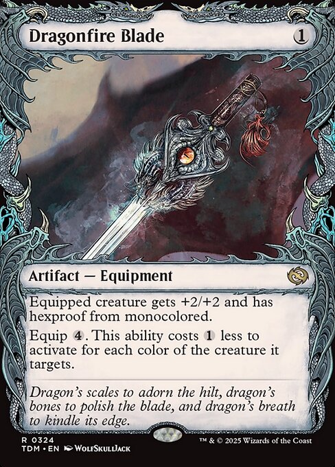 Equipped creature gets +2/+2 and has hexproof from monocolored.
Equip {4}. This ability costs {1} less to activate for each color of the creature it targets.