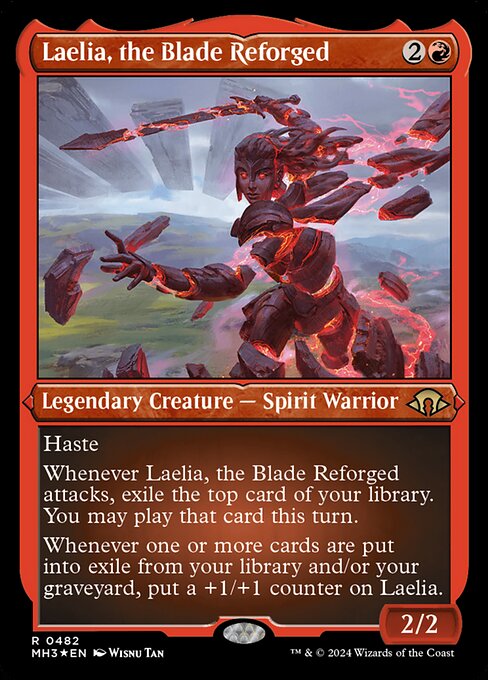 Haste
Whenever Laelia, the Blade Reforged attacks, exile the top card of your library. You may play that card this turn.
Whenever one or more cards are put into exile from your library and/or your graveyard, put a +1/+1 counter on Laelia.