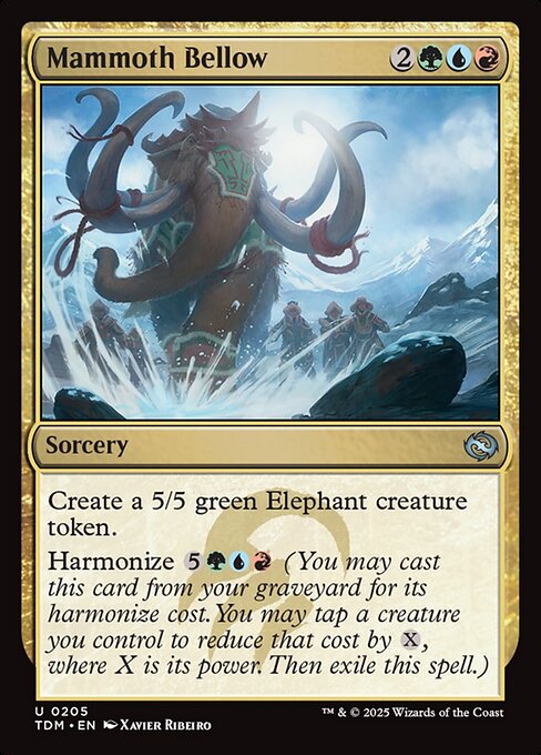 Create a 5/5 green Elephant creature token.
Harmonize {5}{G}{U}{R} (You may cast this card from your graveyard for its harmonize cost. You may tap a creature you control to reduce that cost by {X}, where X is its power. Then exile this spell.)