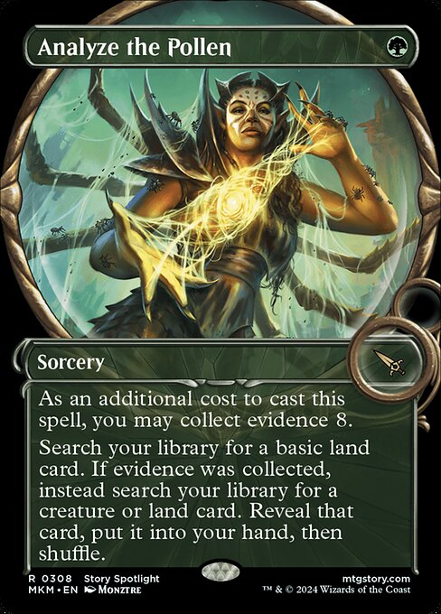 As an additional cost to cast this spell, you may collect evidence 8. (Exile cards with total mana value 8 or greater from your graveyard.)
Search your library for a basic land card. If evidence was collected, instead search your library for a creature or land card. Reveal that card, put it into your hand, then shuffle.