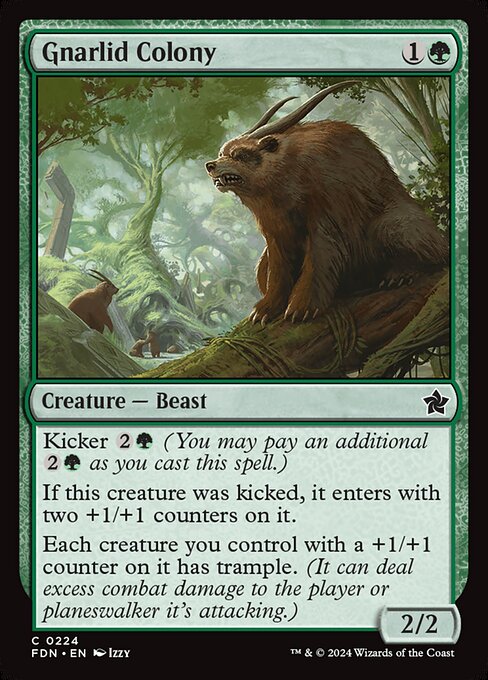 Kicker {2}{G} (You may pay an additional {2}{G} as you cast this spell.)
If this creature was kicked, it enters with two +1/+1 counters on it.
Each creature you control with a +1/+1 counter on it has trample. (It can deal excess combat damage to the player or planeswalker it's attacking.)