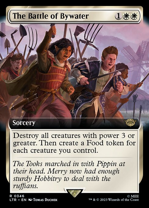 Destroy all creatures with power 3 or greater. Then create a Food token for each creature you control. (It's an artifact with "{2}, {T}, Sacrifice this artifact: You gain 3 life.")