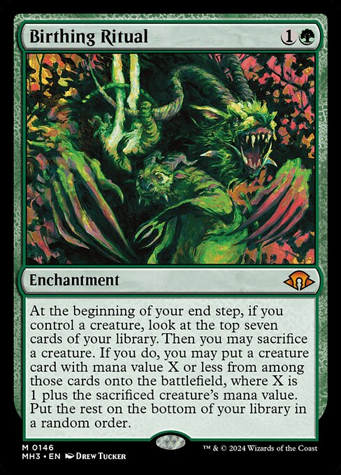 At the beginning of your end step, if you control a creature, look at the top seven cards of your library. Then you may sacrifice a creature. If you do, you may put a creature card with mana value X or less from among those cards onto the battlefield, where X is 1 plus the sacrificed creature's mana value. Put the rest on the bottom of your library in a random order.