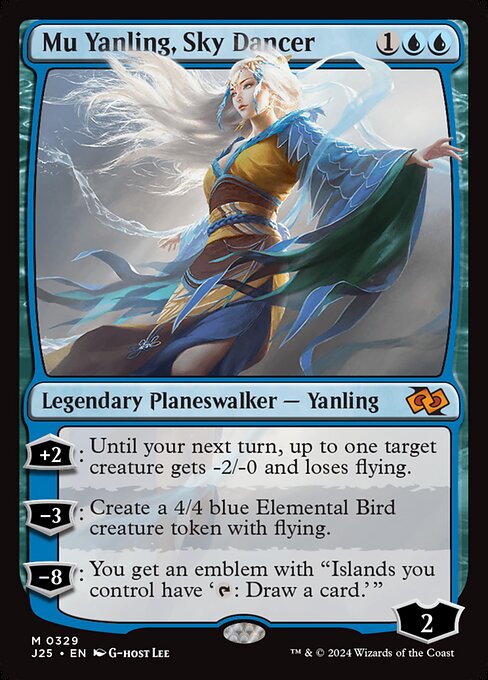+2: Until your next turn, up to one target creature gets -2/-0 and loses flying.
−3: Create a 4/4 blue Elemental Bird creature token with flying.
−8: You get an emblem with "Islands you control have '{T}: Draw a card.'"