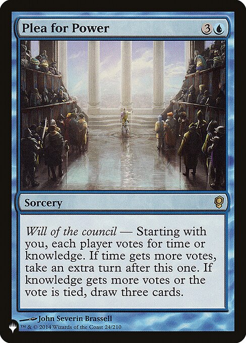 Will of the council — Starting with you, each player votes for time or knowledge. If time gets more votes, take an extra turn after this one. If knowledge gets more votes or the vote is tied, draw three cards.