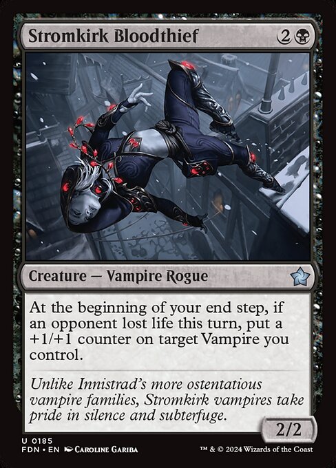 At the beginning of your end step, if an opponent lost life this turn, put a +1/+1 counter on target Vampire you control.