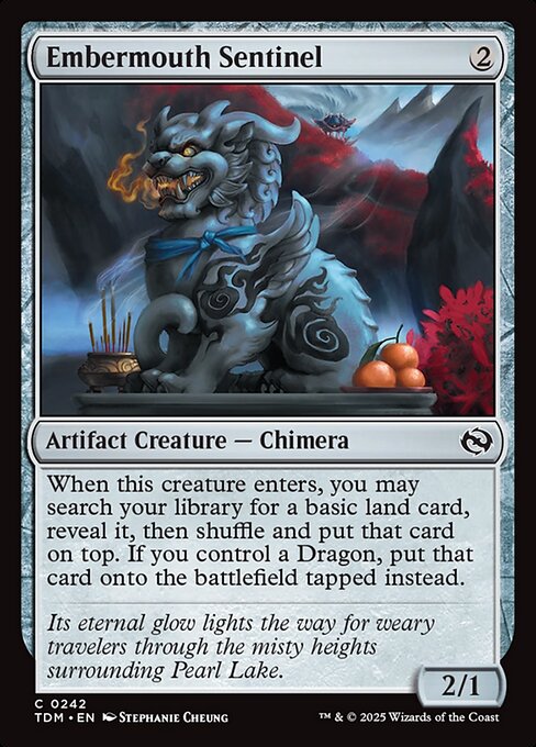 When this creature enters, you may search your library for a basic land card, reveal it, then shuffle and put that card on top. If you control a Dragon, put that card onto the battlefield tapped instead.
