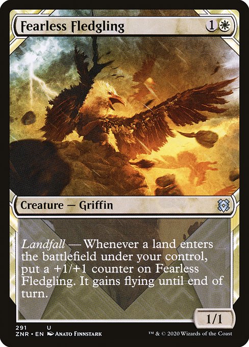 Landfall — Whenever a land enters the battlefield under your control, put a +1/+1 counter on Fearless Fledgling. It gains flying until end of turn.