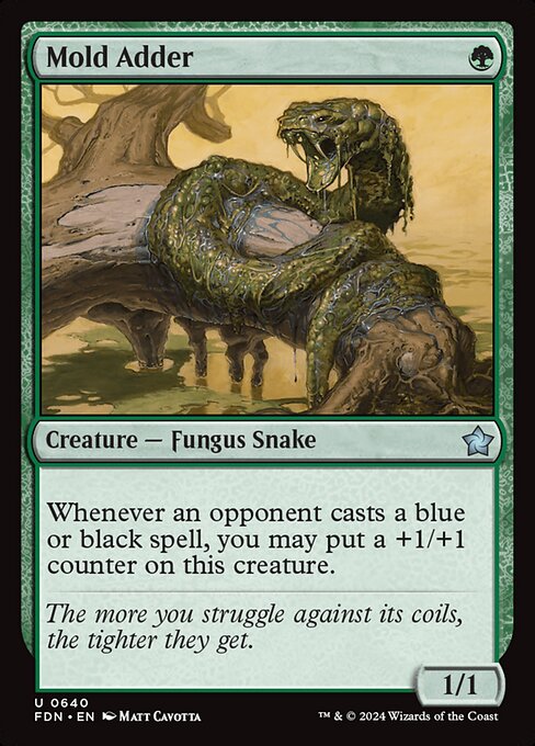 Whenever an opponent casts a blue or black spell, you may put a +1/+1 counter on this creature.