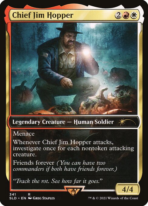 Menace
Whenever Sophina, Spearsage Deserter attacks, investigate once for each nontoken attacking creature. (To investigate, create a Clue token. It's an artifact with "{2}, Sacrifice this artifact: Draw a card.")
Friends forever (You can have two commanders if both have friends forever.)