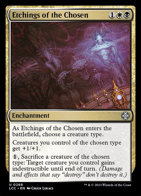 As this enchantment enters, choose a creature type.
Creatures you control of the chosen type get +1/+1.
{1}, Sacrifice a creature of the chosen type: Target creature you control gains indestructible until end of turn. (Damage and effects that say "destroy" don't destroy it.)