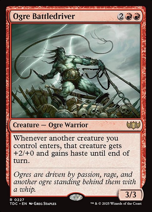 Whenever another creature you control enters, that creature gets +2/+0 and gains haste until end of turn. (It can attack and {T} this turn.)