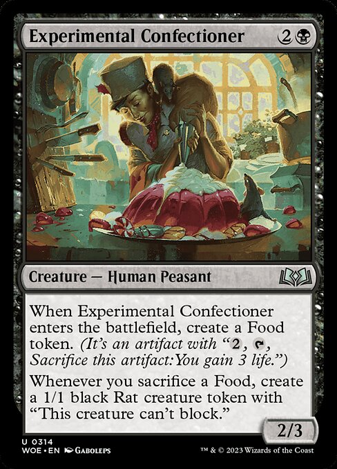 When Experimental Confectioner enters the battlefield, create a Food token. (It's an artifact with "{2}, {T}, Sacrifice this artifact: You gain 3 life.")
Whenever you sacrifice a Food, create a 1/1 black Rat creature token with "This creature can't block."