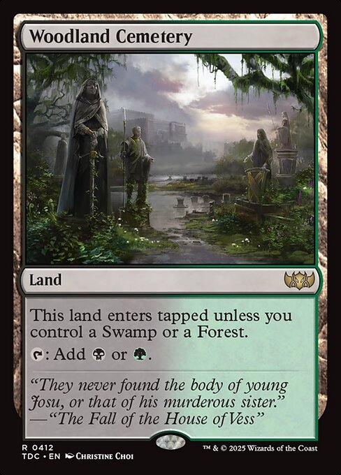 This land enters tapped unless you control a Swamp or a Forest.
{T}: Add {B} or {G}.
