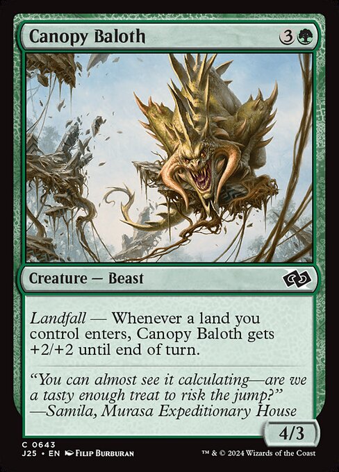 Landfall — Whenever a land you control enters, Canopy Baloth gets +2/+2 until end of turn.