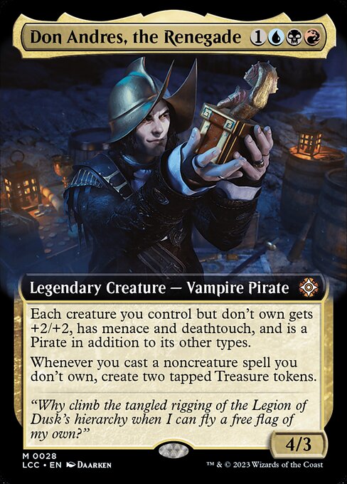 Each creature you control but don't own gets +2/+2, has menace and deathtouch, and is a Pirate in addition to its other types.
Whenever you cast a noncreature spell you don't own, create two tapped Treasure tokens.