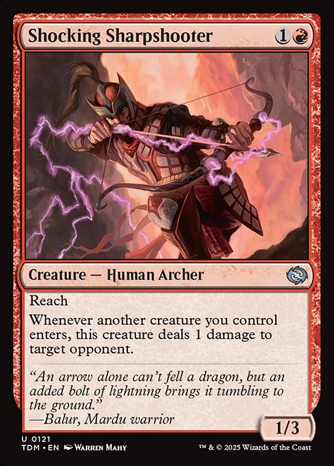 Reach
Whenever another creature you control enters, this creature deals 1 damage to target opponent.