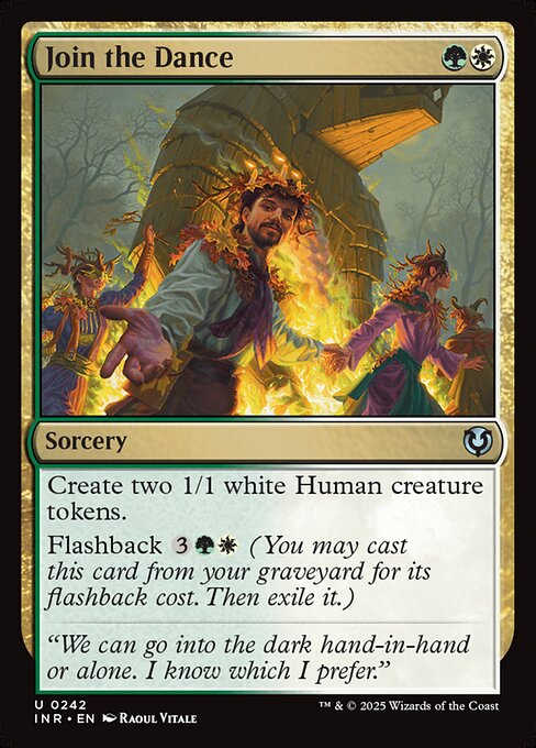 Create two 1/1 white Human creature tokens.
Flashback {3}{G}{W} (You may cast this card from your graveyard for its flashback cost. Then exile it.)