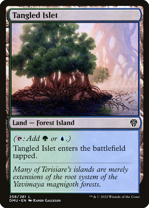 ({T}: Add {G} or {U}.)
Tangled Islet enters the battlefield tapped.