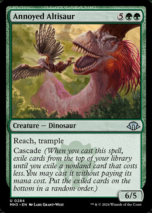 Reach, trample
Cascade (When you cast this spell, exile cards from the top of your library until you exile a nonland card that costs less. You may cast it without paying its mana cost. Put the exiled cards on the bottom in a random order.)